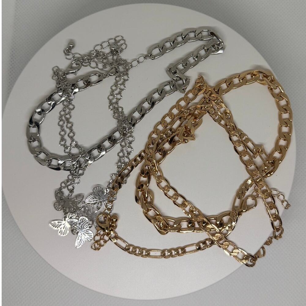 2 Anklet Sets Layered Gold & Silver Chain Butterfly Charm Adjustable NEW - Picture 6 of 6